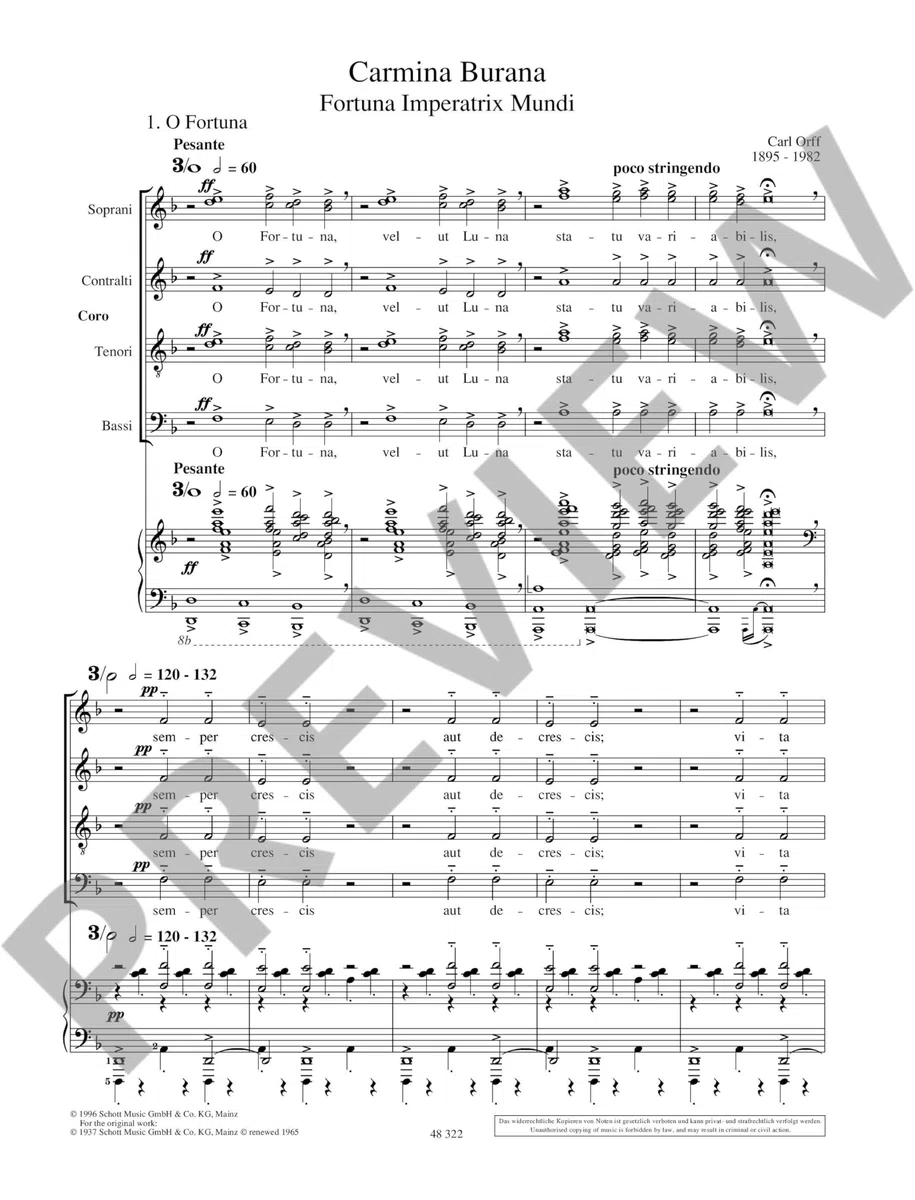 Carmina Burana Vocal Score: Cantiones profanae. Soli (STBar), gemischter Chor (SATB), Kinderchor und Orchester. Klavierauszug.