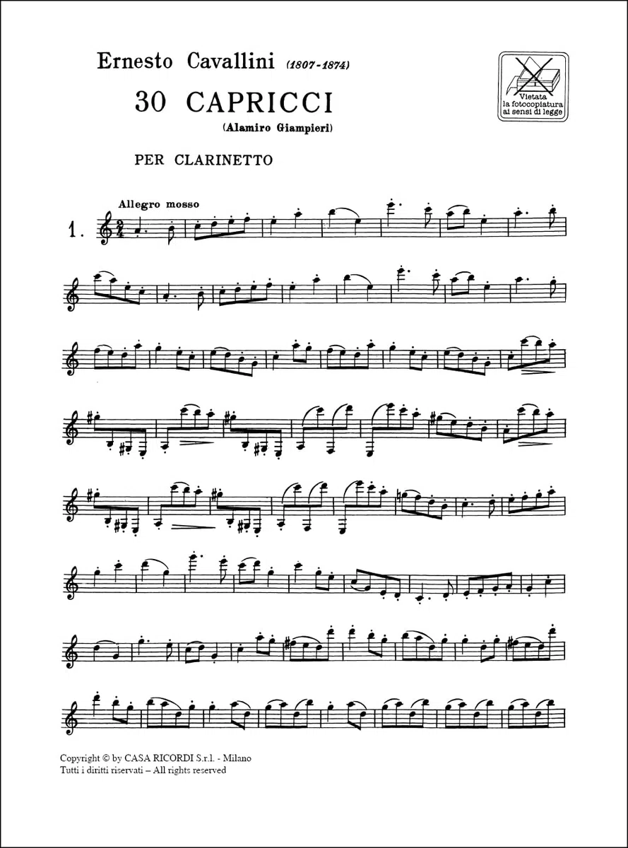 Cavallini 30 Capricci per Clarinetto | Studi Tecnici Avanzati ed Esercizi per Clarinetto Classico | Metodo di Studio e Spartiti per Clarinettisti Esperti | Risorsa Didattica per Insegnanti e Studenti