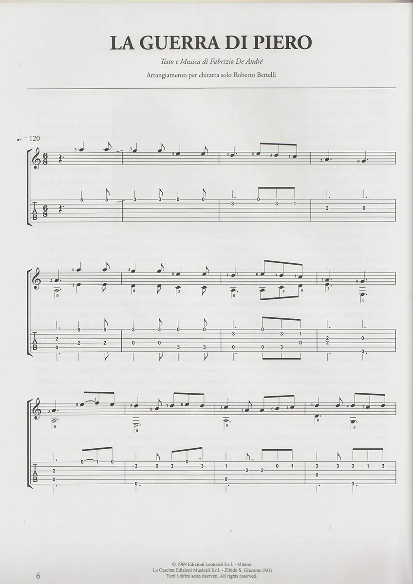 FABRIZIO DE ANDRÉ PER CHITARRA CLASSICA E ACUSTICA. Arrangiamenti per chitarra sola di Roberto Bettelli CON TABLATURE E NOTAZIONE STANDARD