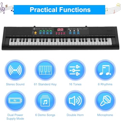 61 Tastiera Musicale Portatile Tasti Tastiera Pianoforte Dispositivo Karaoke Multifunzionale con Microfono Cavo USB Pianoforte Elettrico Strumento Musicale Volume Regolabile Effetto
