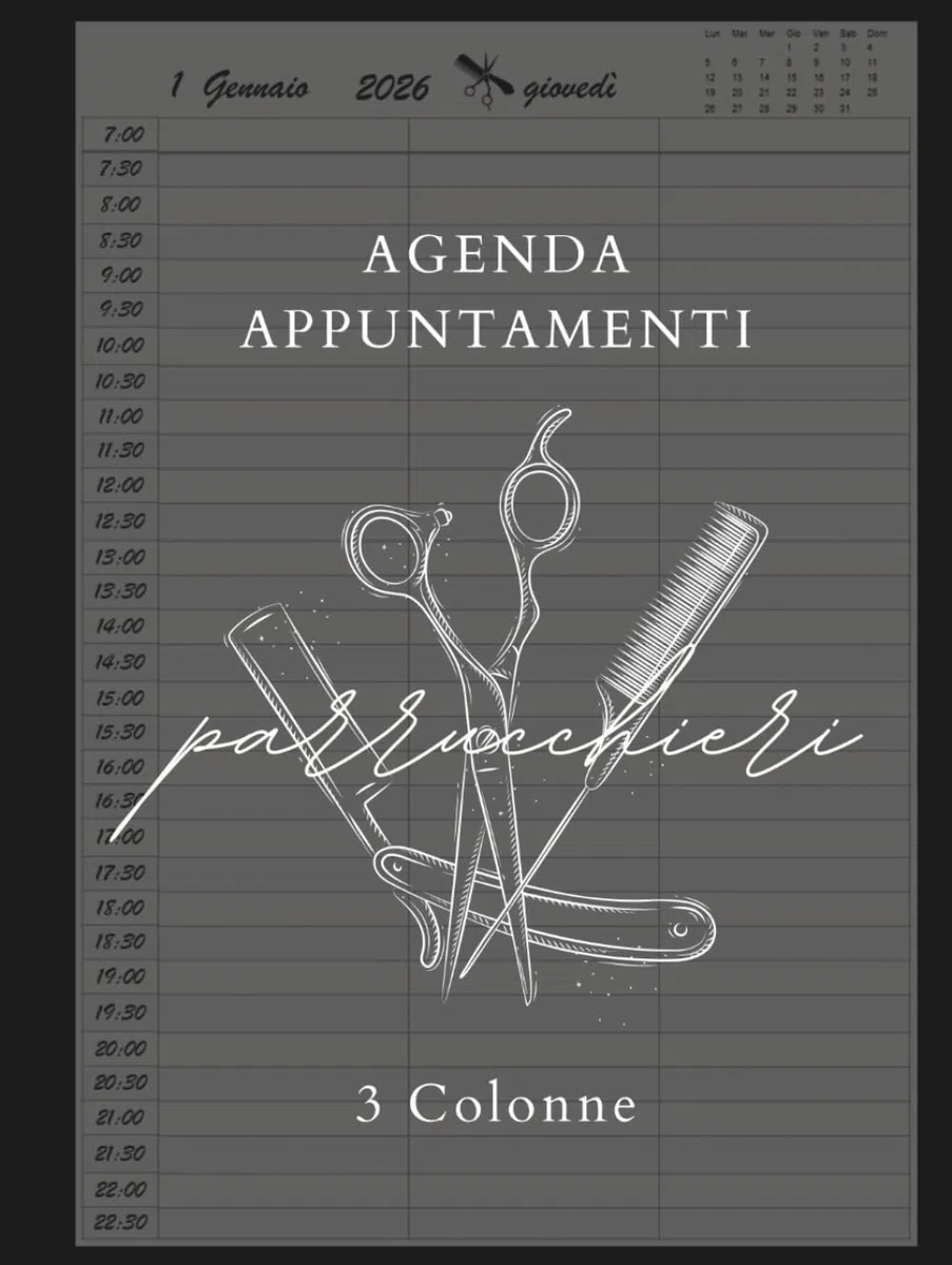 Agenda Appuntamenti 2026: Parrucchieri 2026 giornaliera, Intervalli di 30 minuti | Un giorno per pagina, 3 Colonne | 12 mesi da gennaio a dicembre 2026 A4.