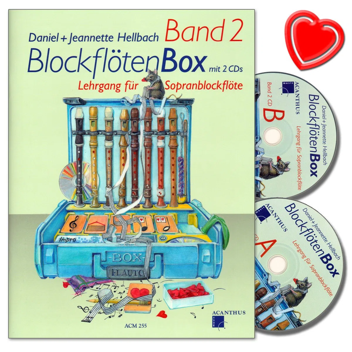 BlockflötenBox Band 2 Corso (Classi inferiori 7 8 anni) per flauto dolce soprano con 2 CD di Daniel Hellbach (lingua italiana non garantita) con graffetta per spartiti colorata a forma di cuore.