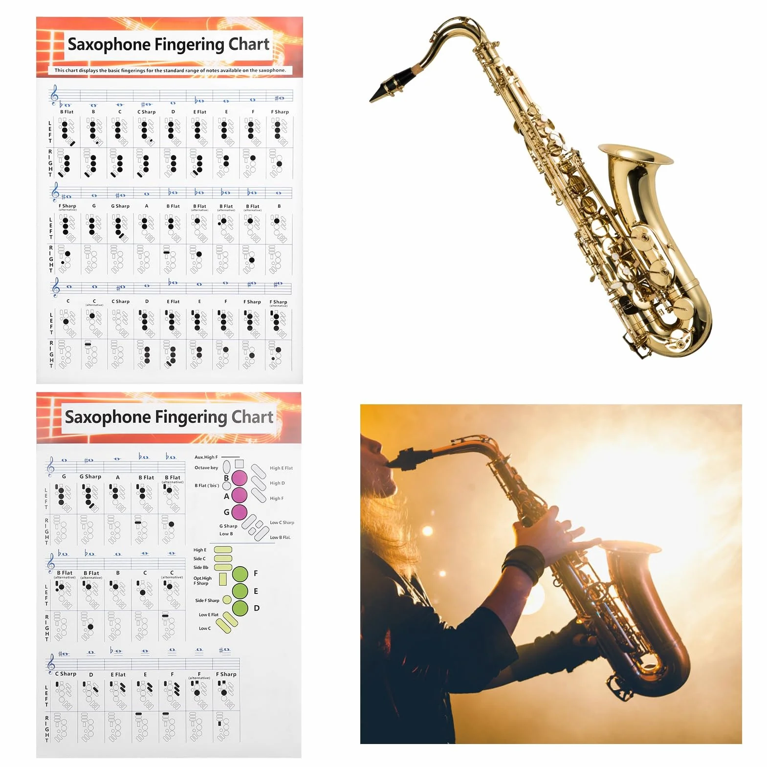 Sassofono Diteggiatura Poster Poster Sax Alto Tenore Soprano Note Principiante Libro per Principianti Dito Chiave per,Wind & Woodwinds Sassofono Fingering Chart Guida di Base