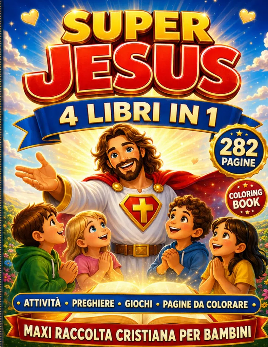 SUPER JESUS, 4 LIBRI IN 1 CRISTIANI PER BAMBINI.: Storie Illustrate Cristiane, Avventure Educative, Giochi e Attività – Insegna Amore, Perdono e Fede ai Bambini dai 4 ai 10 anni. Bibbia Illustrata