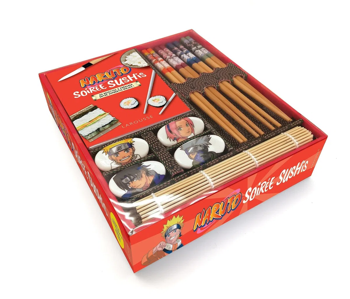 Soirée sushis Naruto: Coffret avec 4 paires de baguettes, 4 repose-baguettes, 1 natte en bambou et 1 livret