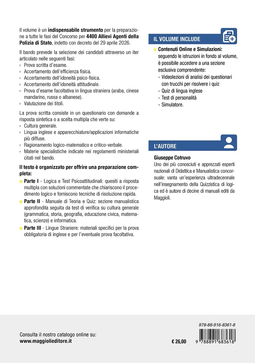 Concorso 4400 allievi agenti della Polizia di stato 2026. Teoria e test per tutte le prove